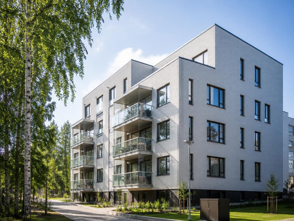 Valmistunut vaalea kerrostalo lähiössä